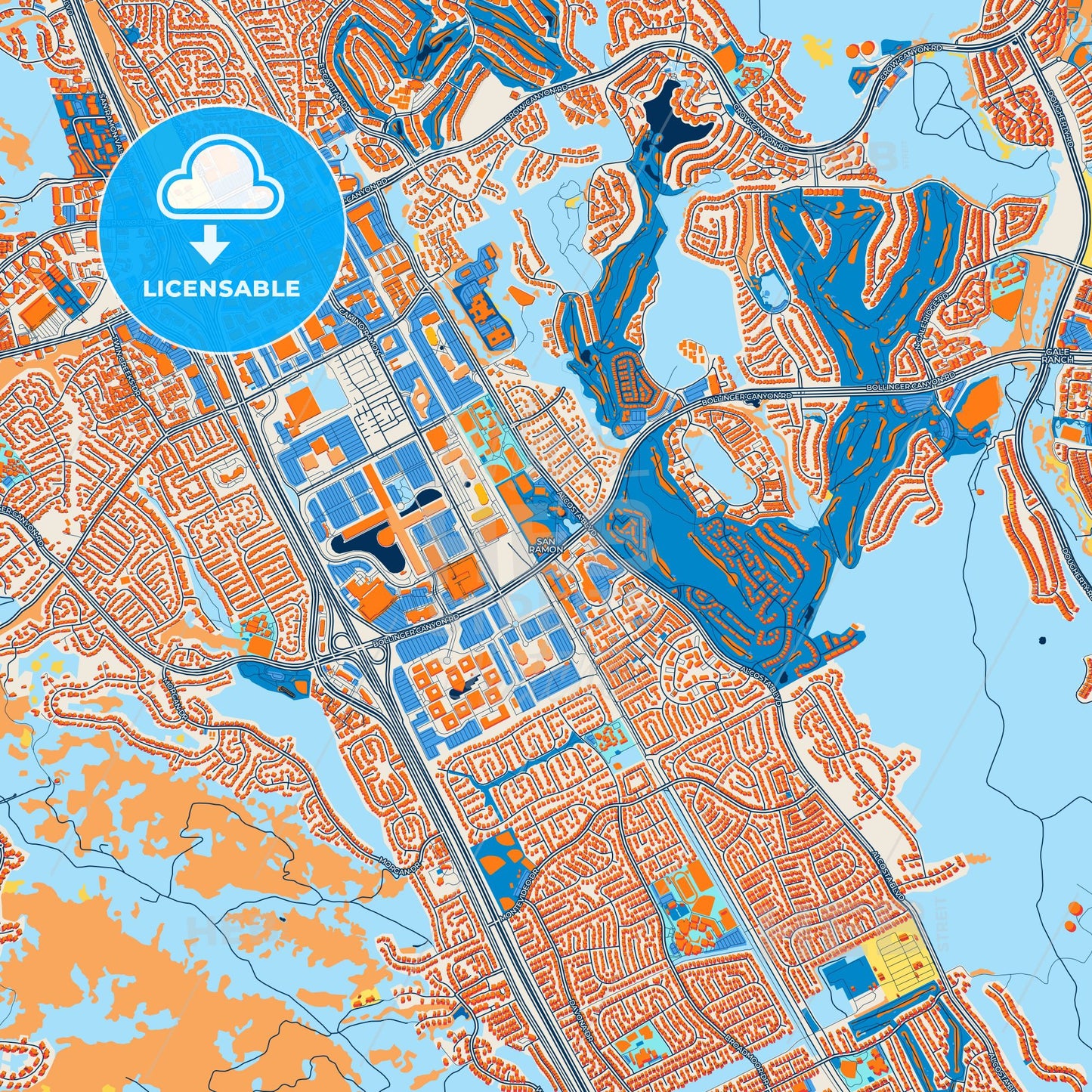Colorful San Ramon Street Map with Labels and Buildings