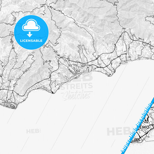 Sanremo, Italy light map with streetnames, citynames and districts