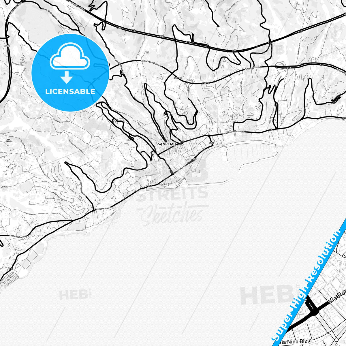 Sanremo, Italy Light Map with Street Names, City Names, and Districts
