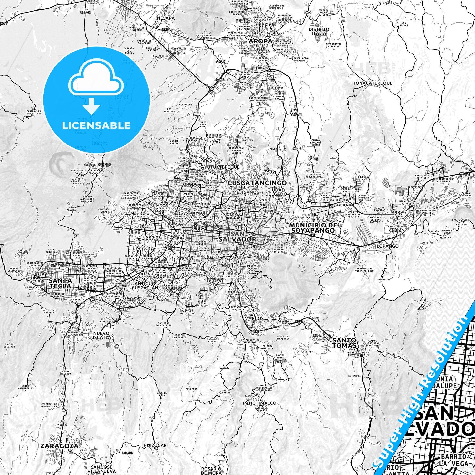 San Salvador, El Salvador light map with streetnames, citynames and districts
