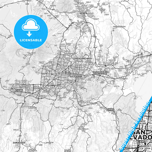 San Salvador, El Salvador light map with streetnames, citynames and districts