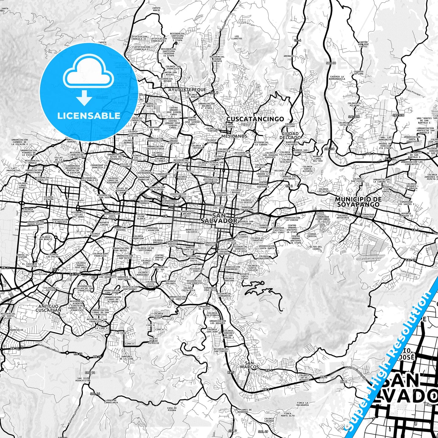 San Salvador, El Salvador Light Map with Street Names, City Names, and Districts