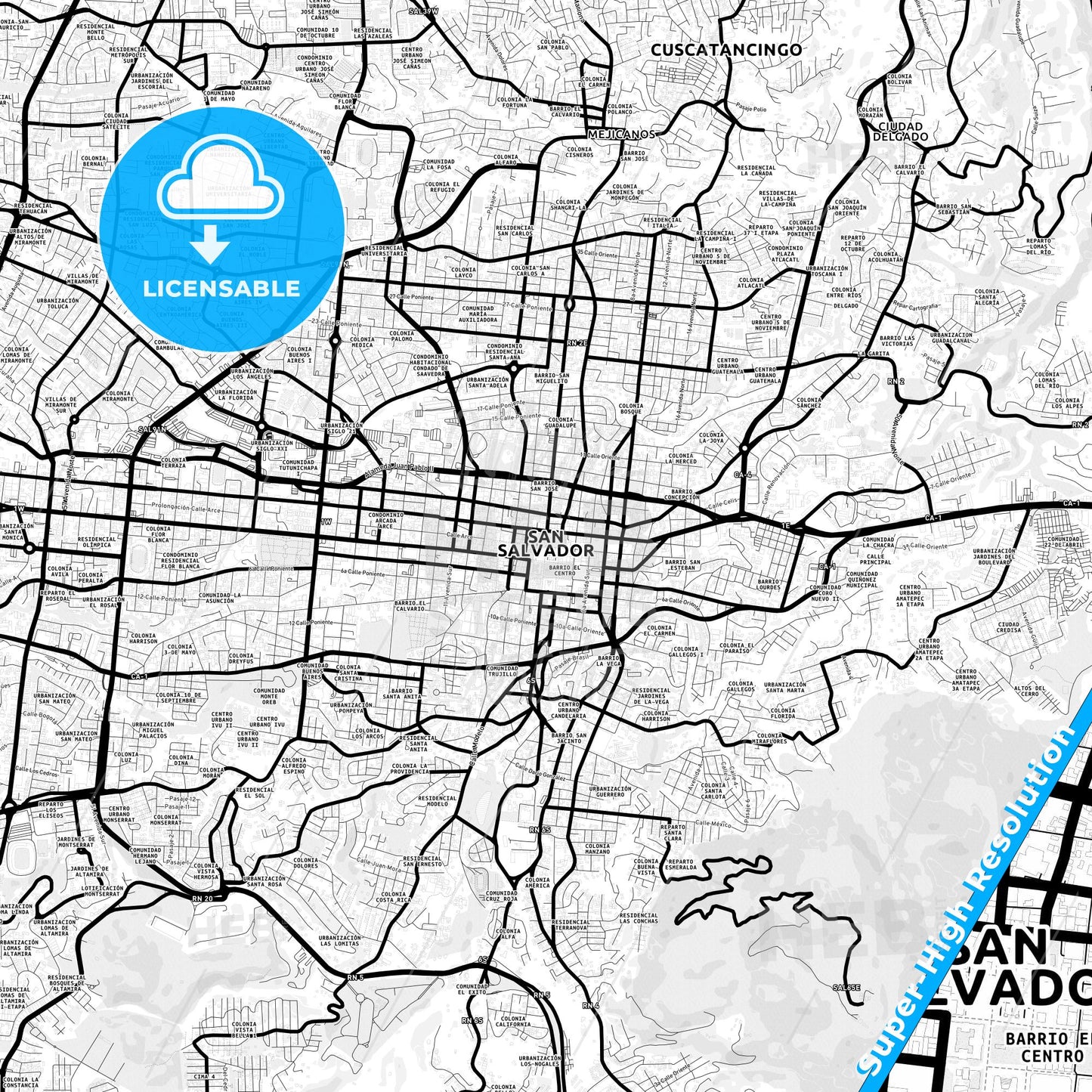 San Salvador, El Salvador Light Map with Street Names, City Names, and Districts