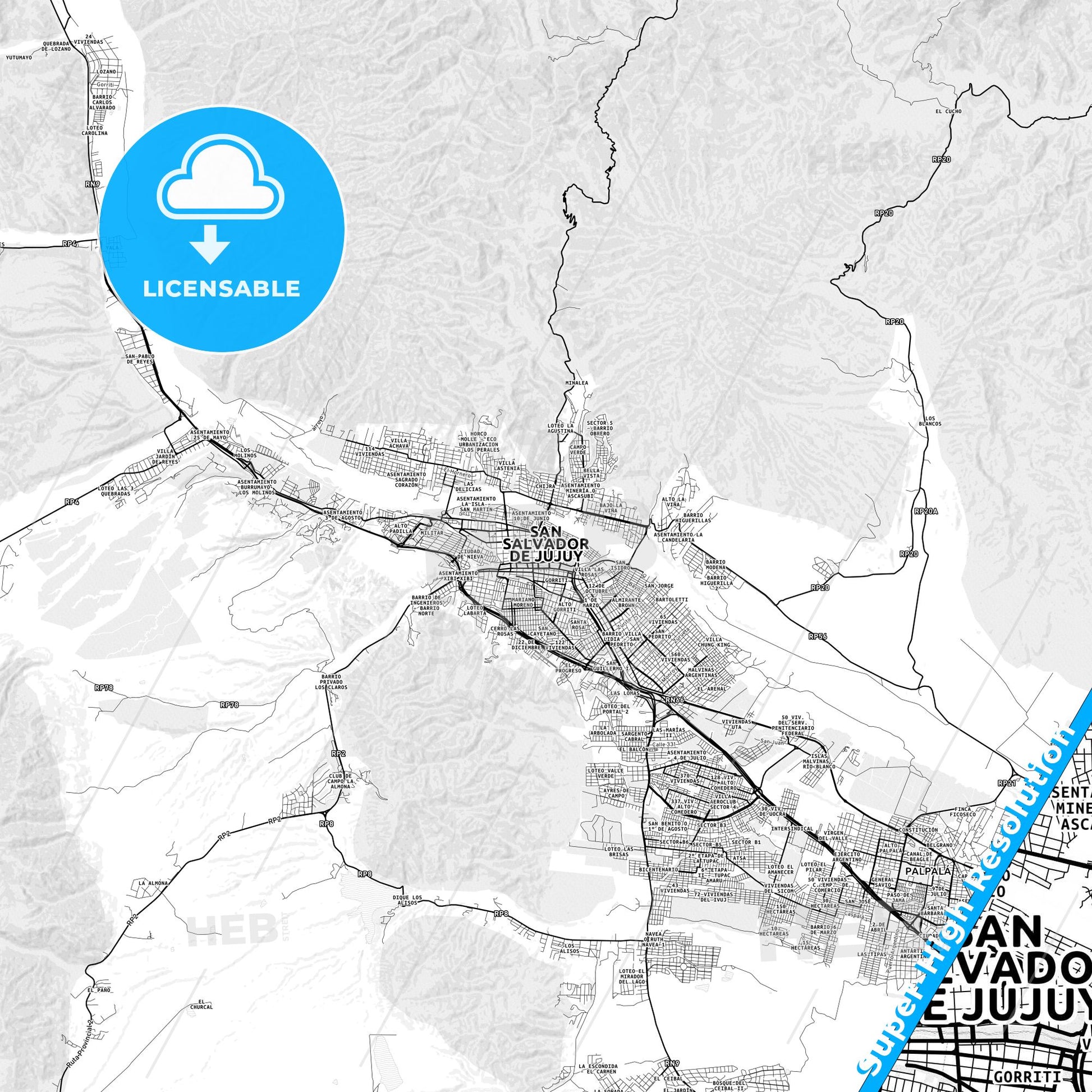 San Salvador de Jujuy, Argentina light map with streetnames, citynames and districts