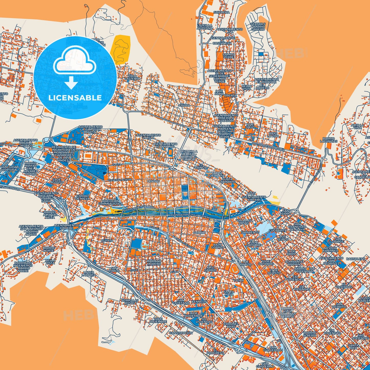 Colorful San Salvador de Jujuy Street Map with Labels and Buildings