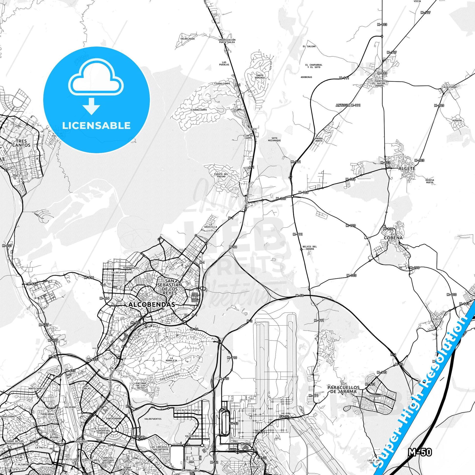 San Sebastián de los Reyes, Spain light map with streetnames, citynames and districts