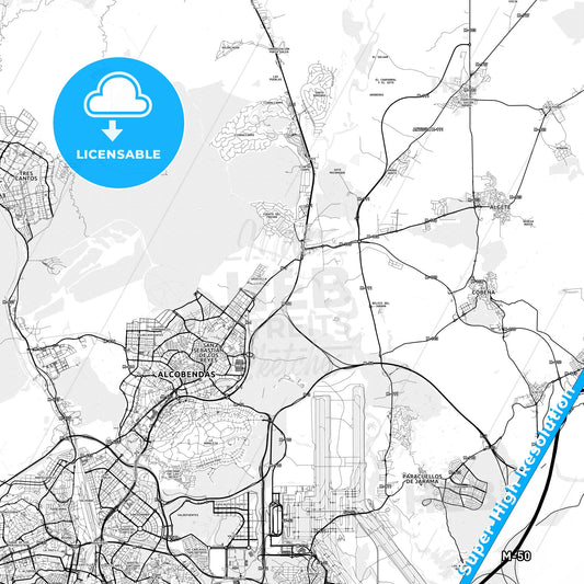 San Sebastián de los Reyes, Spain light map with streetnames, citynames and districts