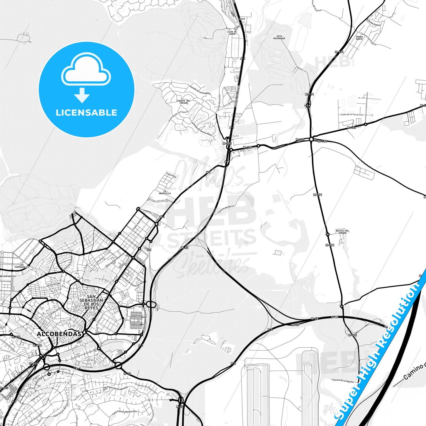 San Sebastián de los Reyes, Spain Light Map with Street Names, City Names, and Districts