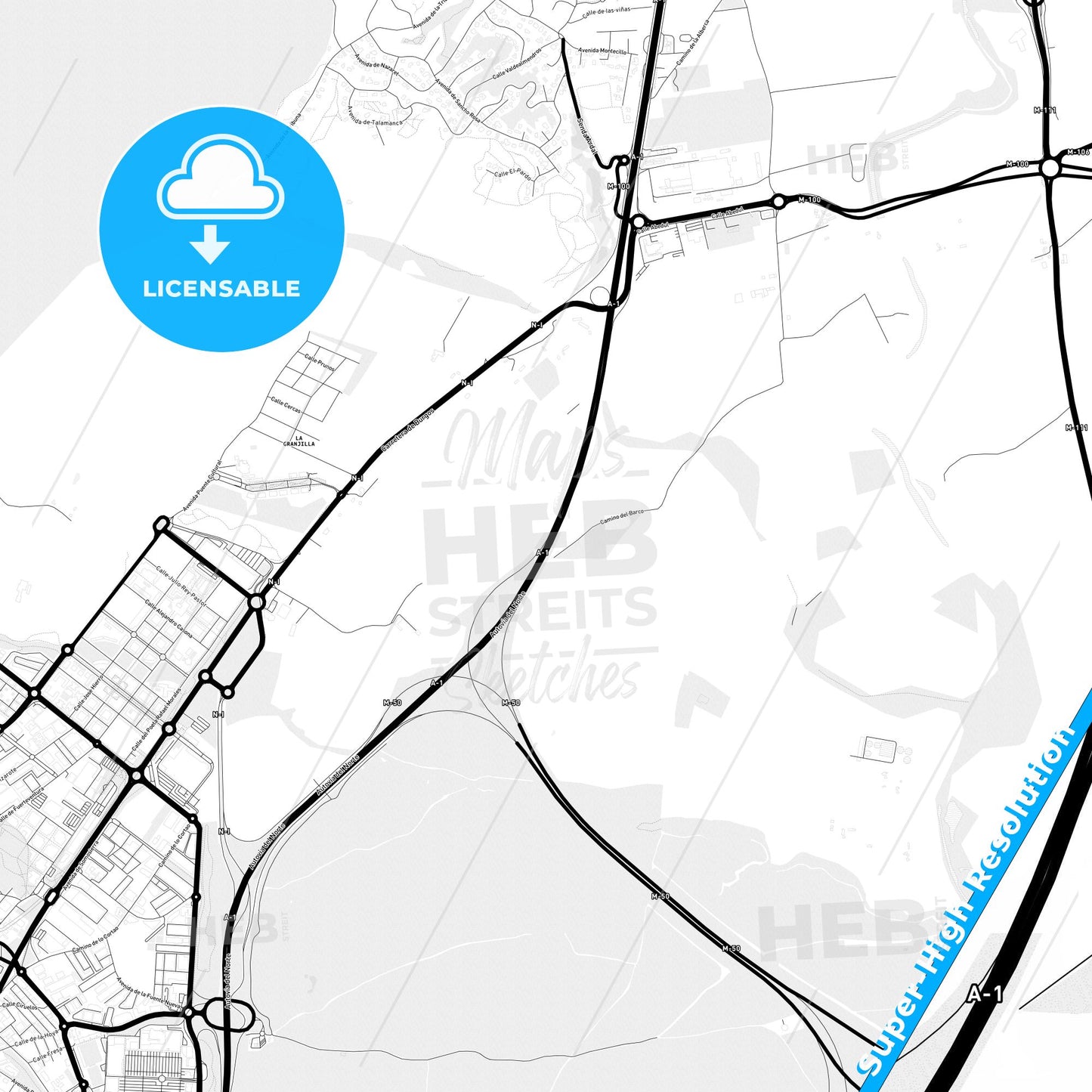 San Sebastián de los Reyes, Spain Light Map with Street Names, City Names, and Districts