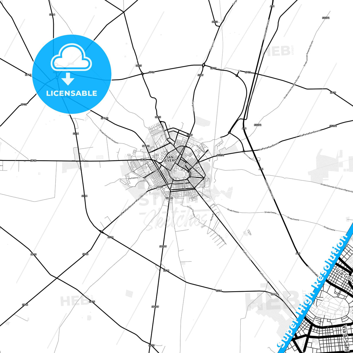 San Severo, Italy Light Map with Street Names, City Names, and Districts