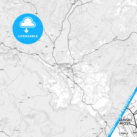 Sanski Most, Bosnia and Herzegovina light map with streetnames, citynames and districts