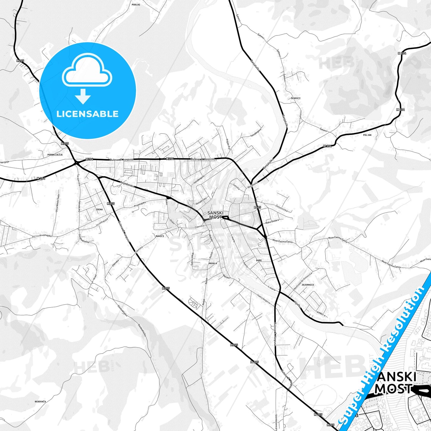 Sanski Most, Bosnia and Herzegovina Light Map with Street Names, City Names, and Districts