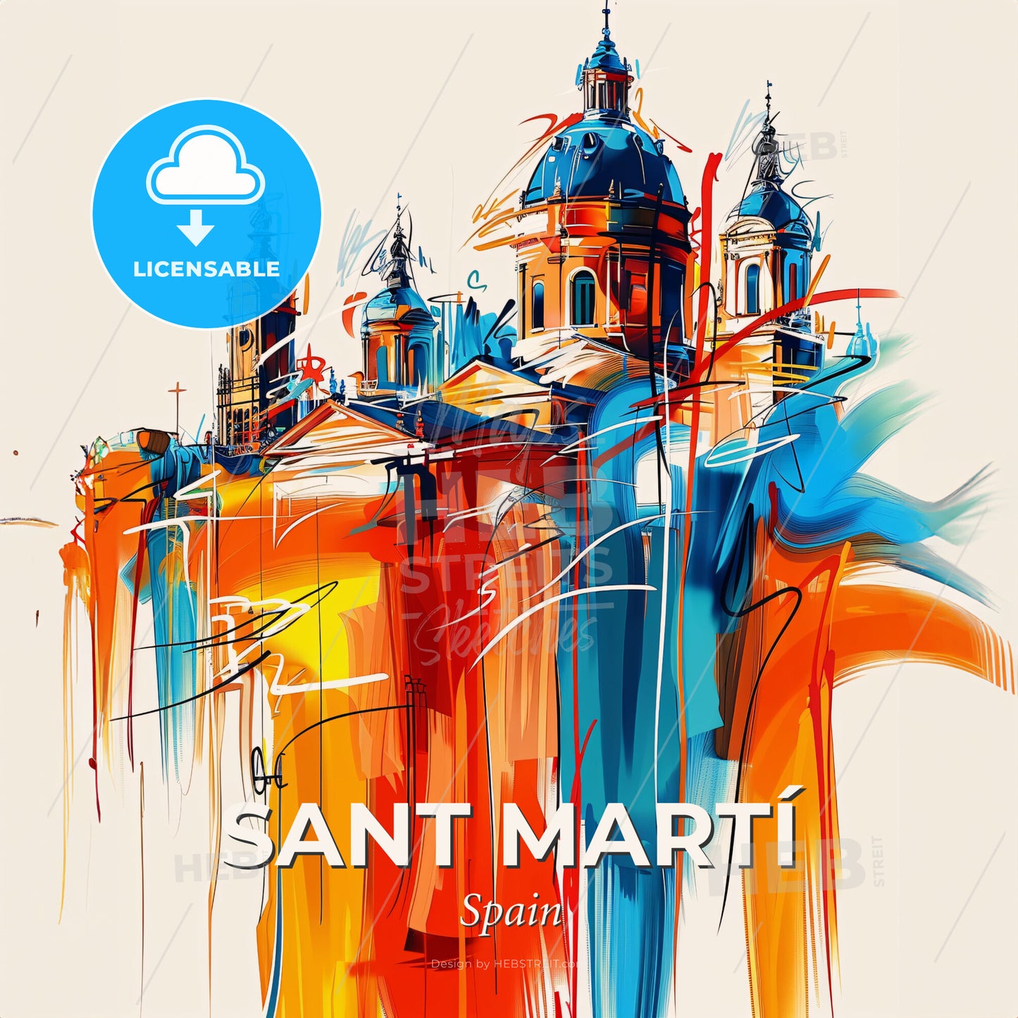 Vibrant Sant Martí, Spain - A Painting Of A Building With A Blue Dome And Red And Orange Paint - Square format print template