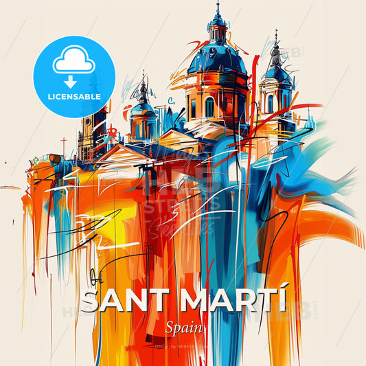Vibrant Sant Martí, Spain - A Painting Of A Building With A Blue Dome And Red And Orange Paint - Square format print template