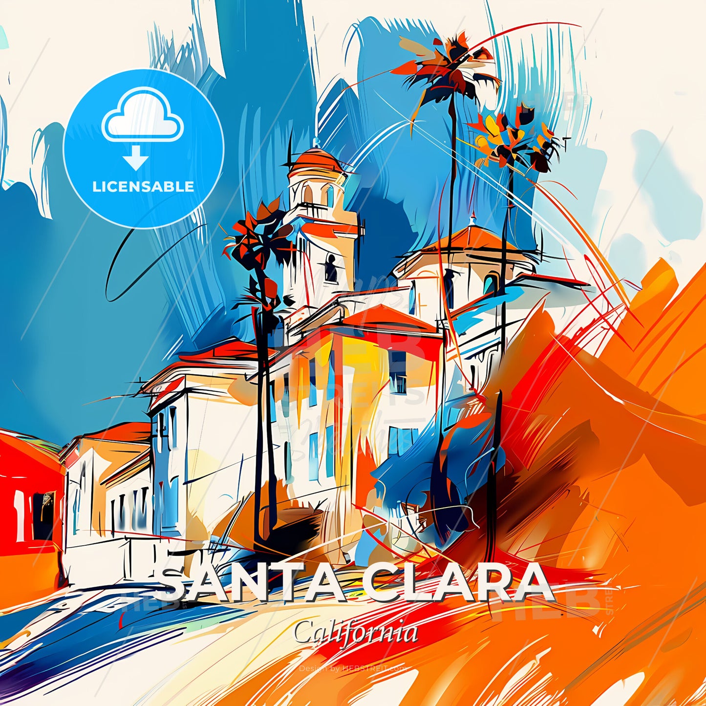 Vibrant Santa Clara, California - A Painting Of A Building With Palm Trees - Square format print template