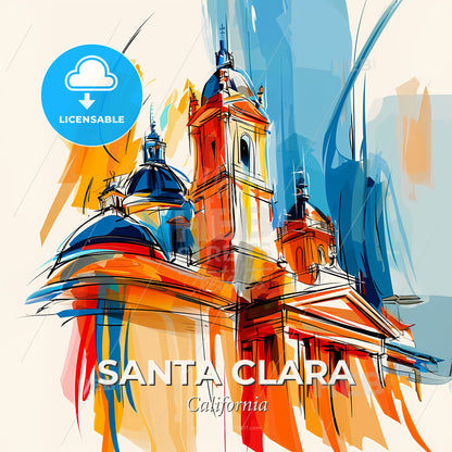 Vibrant Santa Clara, California - A Drawing Of A Building With A Tower - Square format print template