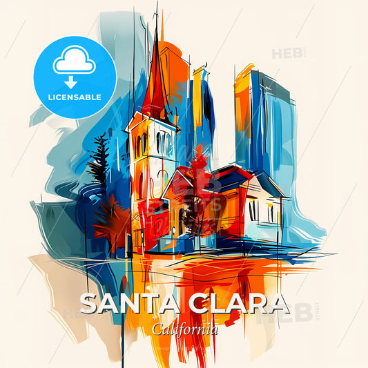 Vibrant Santa Clara, California - A Painting Of A Church And Buildings - Square format print template