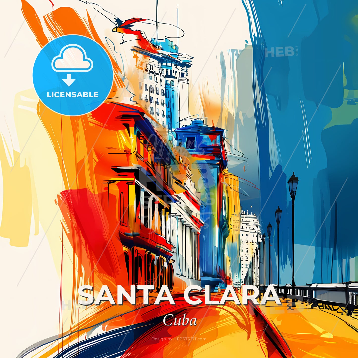 Vibrant Santa Clara, Cuba - A Painting Of A Street With Buildings And A Bridge - Square format print template