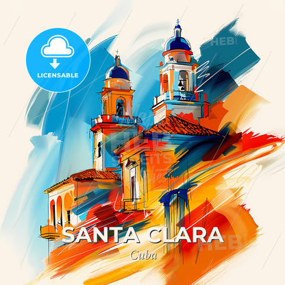 Vibrant Santa Clara, Cuba - A Painting Of A Building With Towers - Square format print template