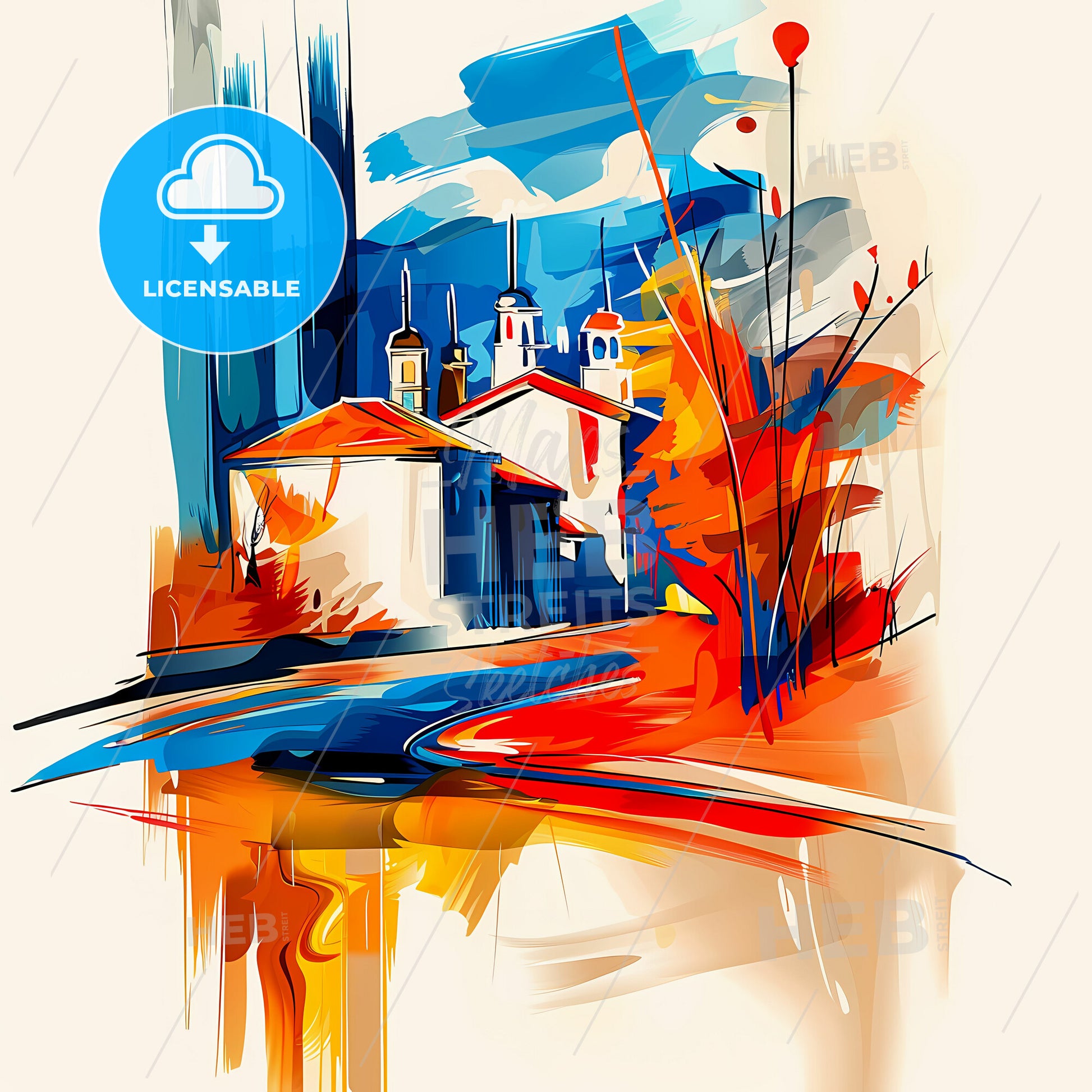 Vibrant Santa Clarita, California - A Painting Of A Building And Trees