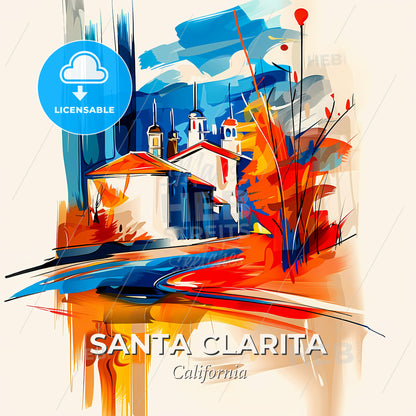 Vibrant Santa Clarita, California - A Painting Of A Building And Trees - Square format print template