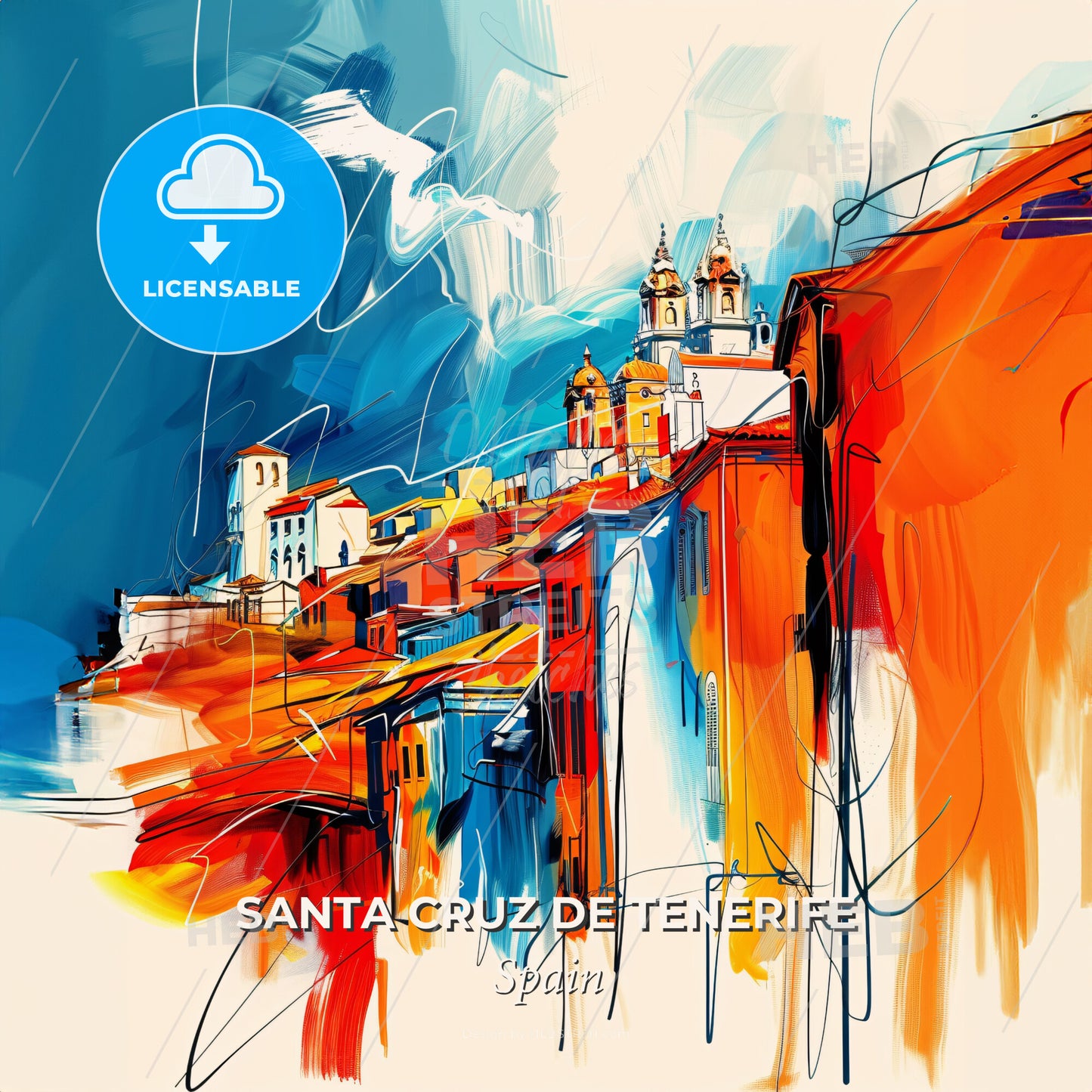 Vibrant Santa Cruz De Tenerife, Spain - A Painting Of A City - Square format print template
