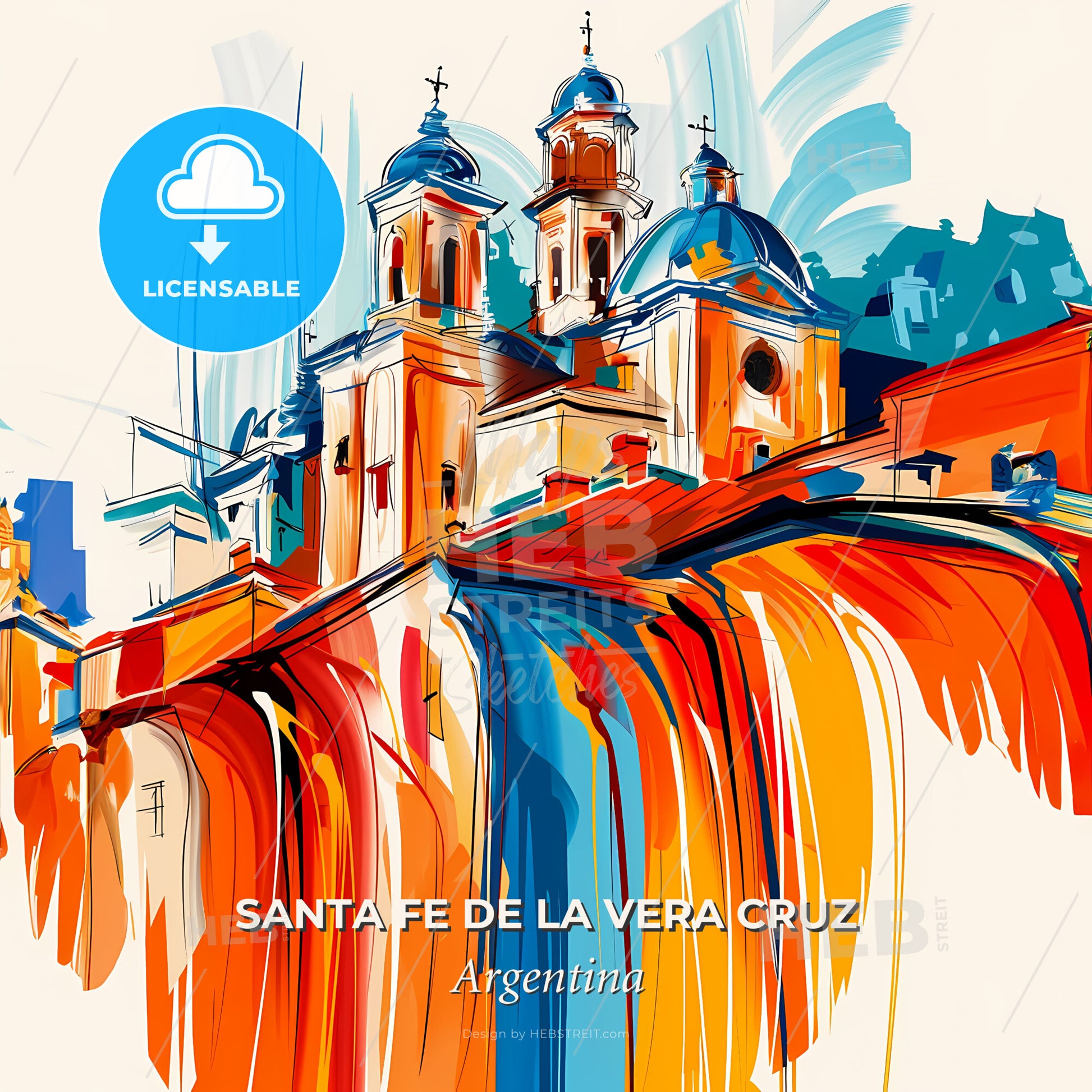 Vibrant Santa Fe De La Vera Cruz, Argentina - A Colorful Painting Of A Building With A Waterfall - Square format print template