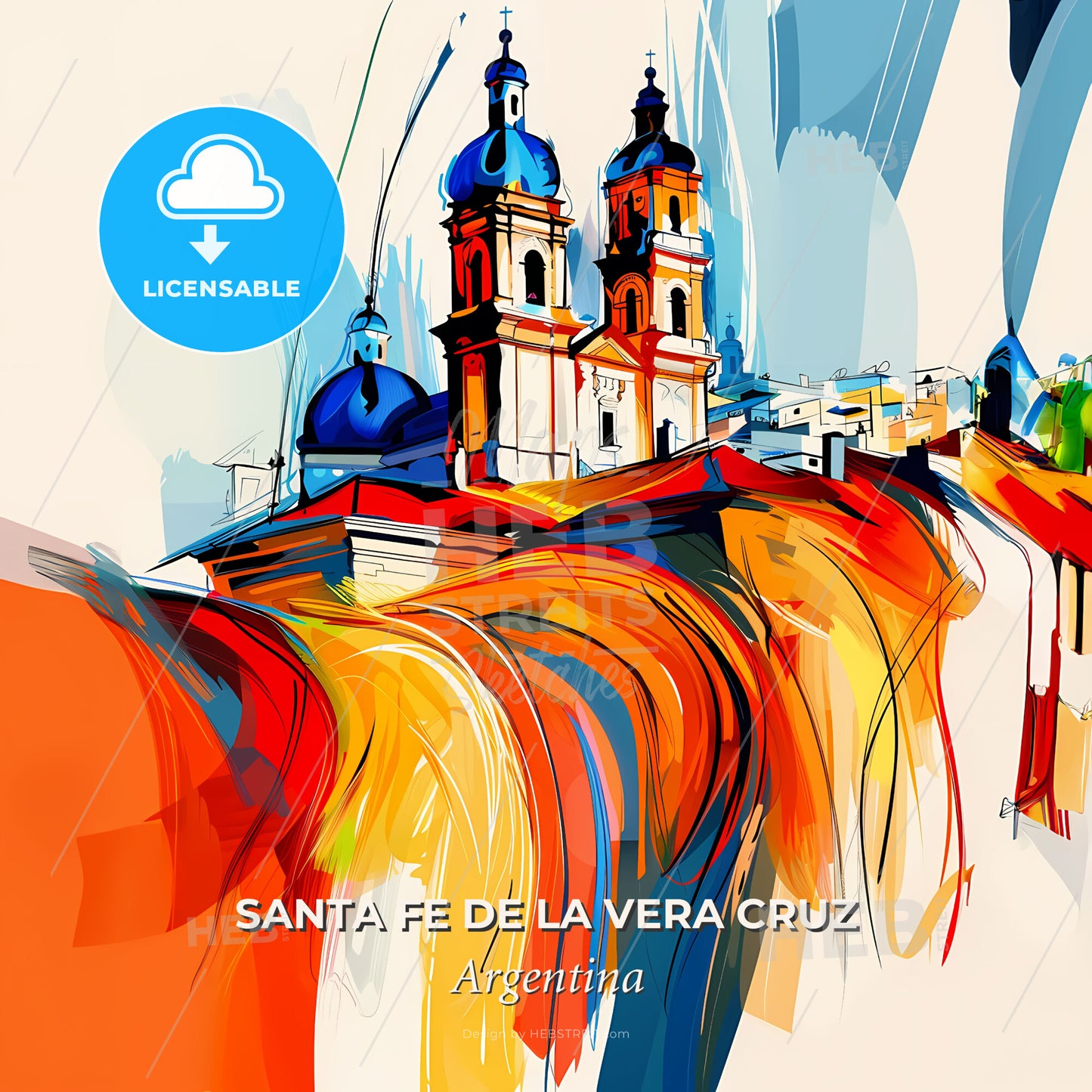 Vibrant Santa Fe De La Vera Cruz, Argentina - A Painting Of A Building With Blue Domes - Square format print template