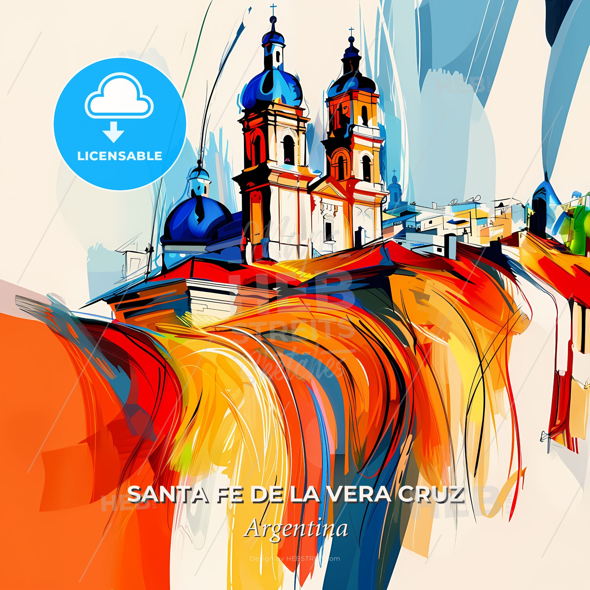 Vibrant Santa Fe De La Vera Cruz, Argentina - A Painting Of A Building With Blue Domes - Square format print template