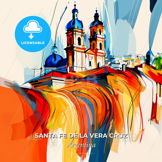 Vibrant Santa Fe De La Vera Cruz, Argentina - A Painting Of A Building With Blue Domes - Square format print template