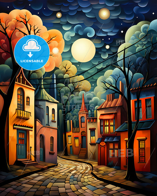 Vibrant Art Painting of Santa Fe de la Vera Cruz Argentina Skyline Street with Buildings Trees and Moon