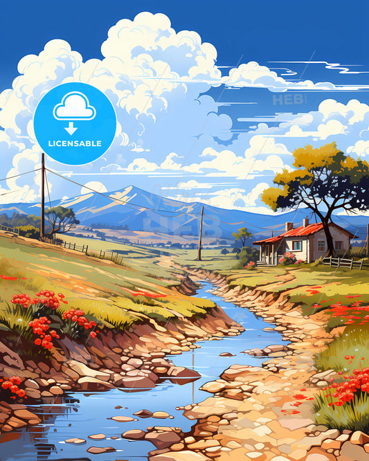 Vibrant Painting of Santa Fe de la Vera Cruz Argentina River Valley Skyline with House and Mountains