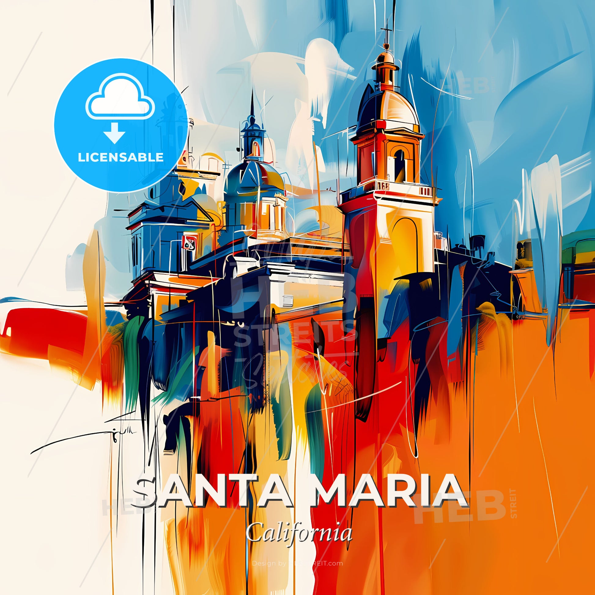 Vibrant Santa Maria, California - A Painting Of A Building With Towers - Square format print template