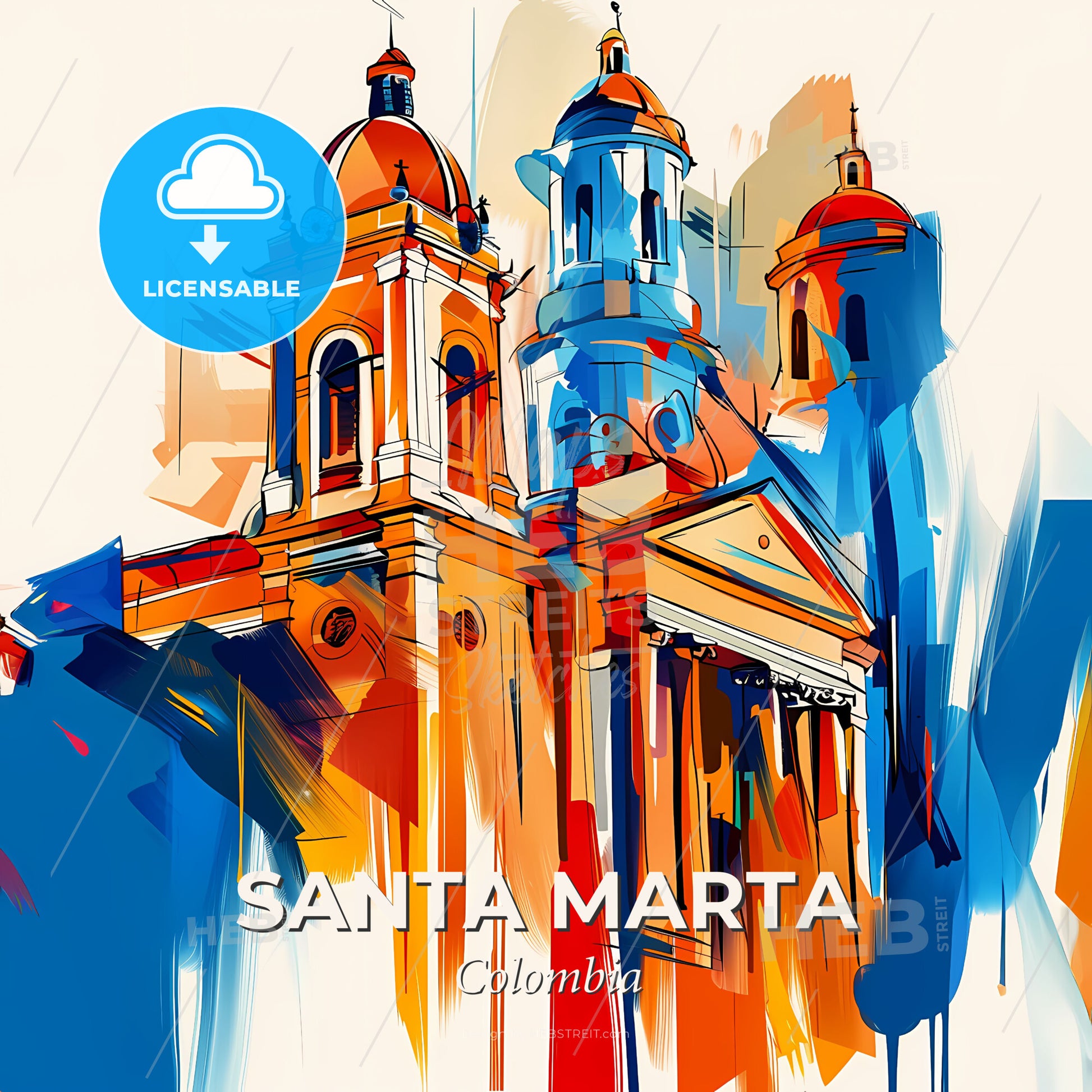 Vibrant Santa Marta, Colombia - A Painting Of A Building With Towers - Square format print template