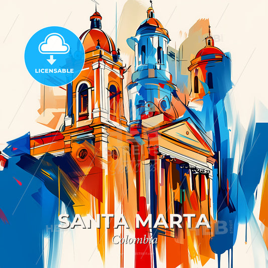 Vibrant Santa Marta, Colombia - A Painting Of A Building With Towers - Square format print template