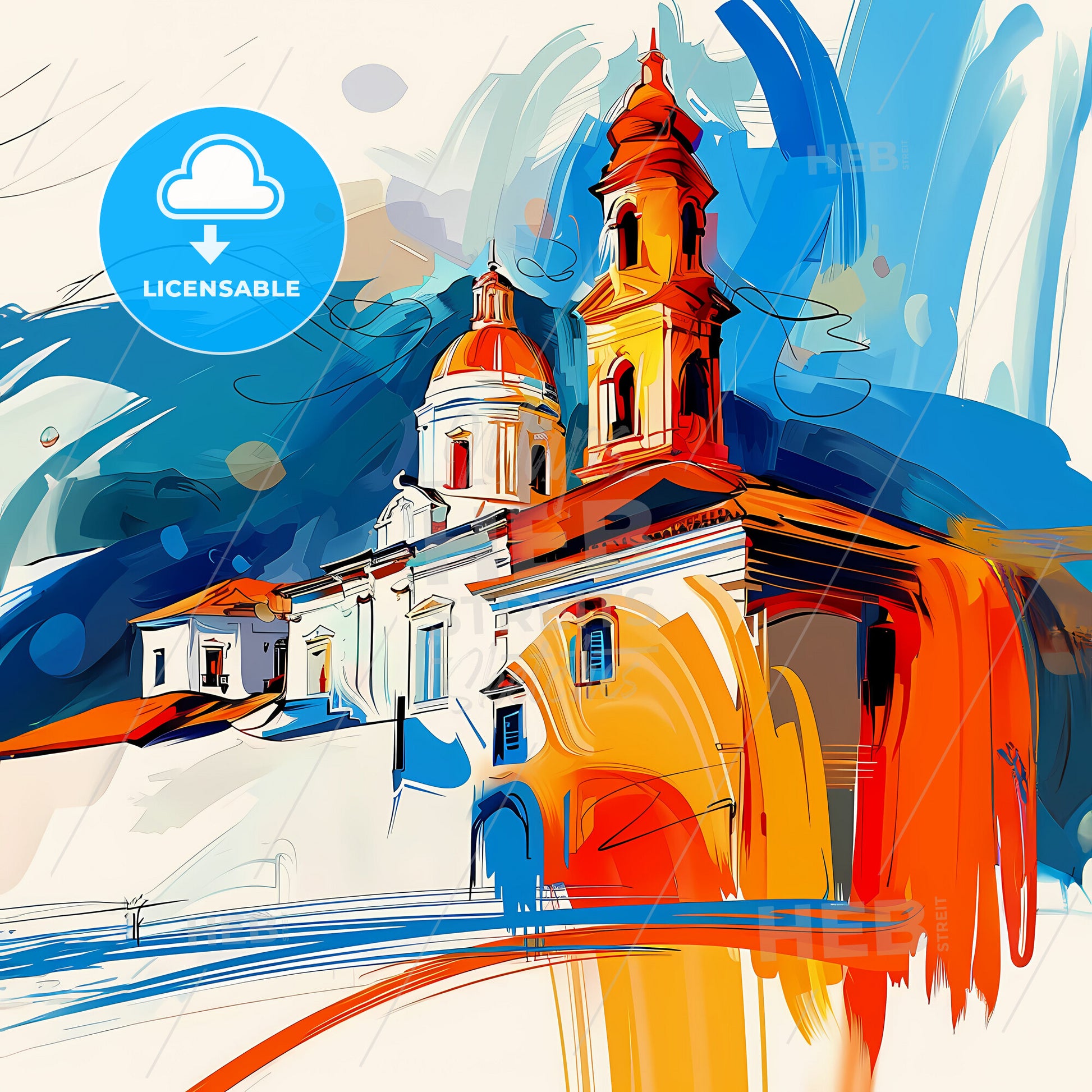 Vibrant Santa Marta, Colombia - A Painting Of A Building With A Steeple