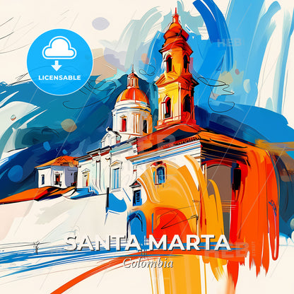 Vibrant Santa Marta, Colombia - A Painting Of A Building With A Steeple - Square format print template