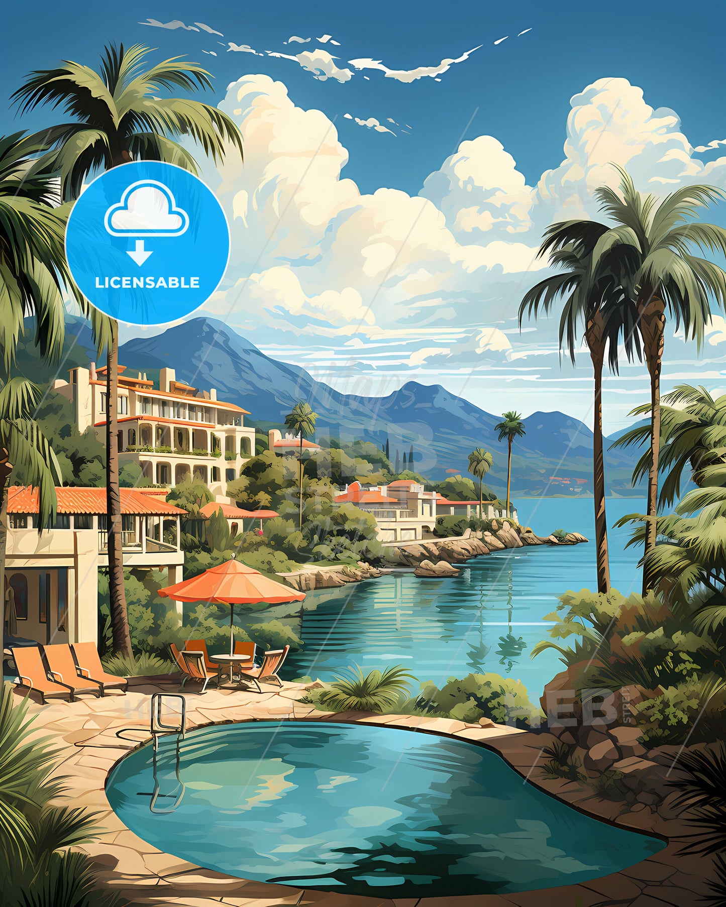 Vibrant Tropical Art Painting: Santa Marta Colombia Skyline with Pool, Chairs, and Palm Trees at Water's Edge