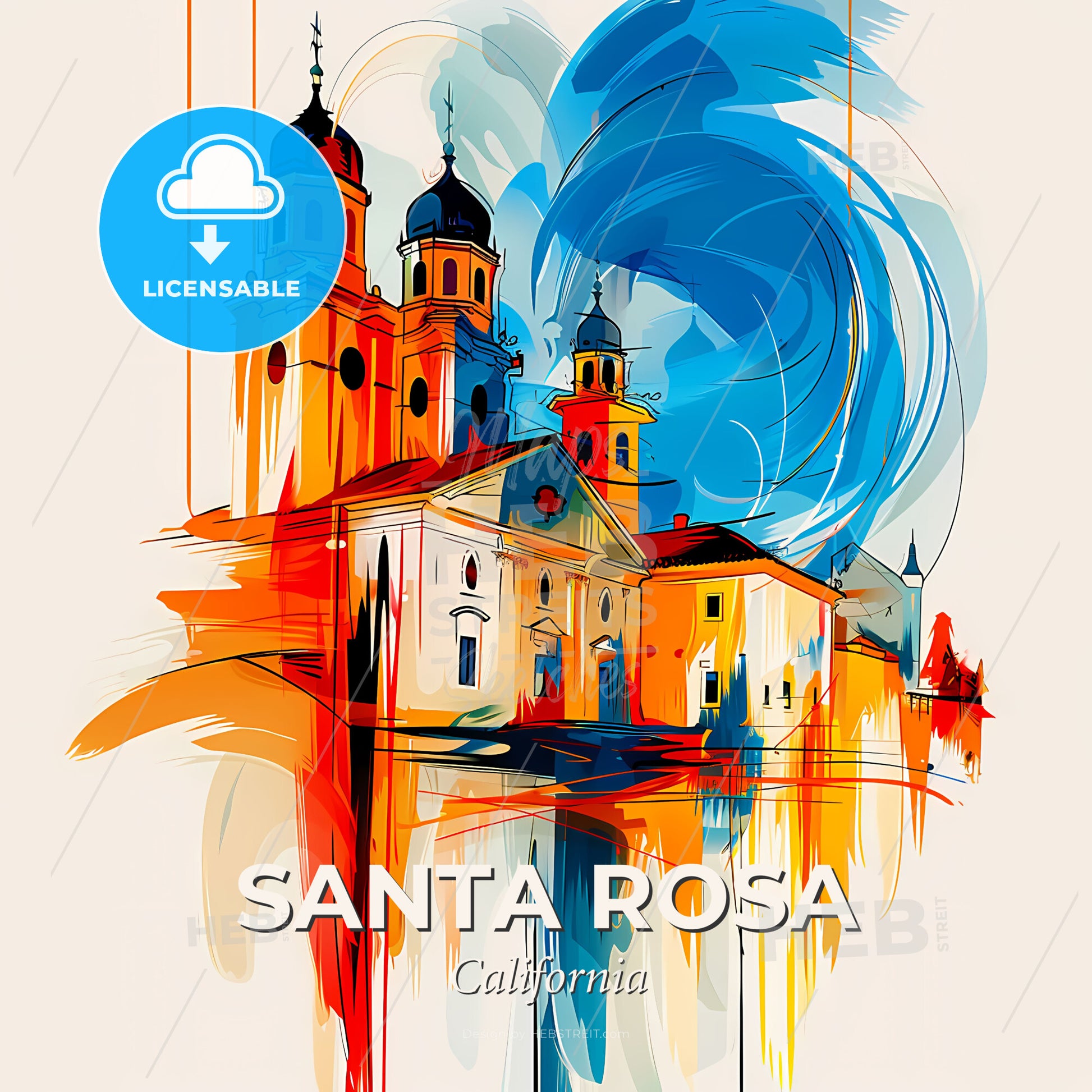 Vibrant Santa Rosa, California - A Painting Of A Building With A Blue Wave - Square format print template
