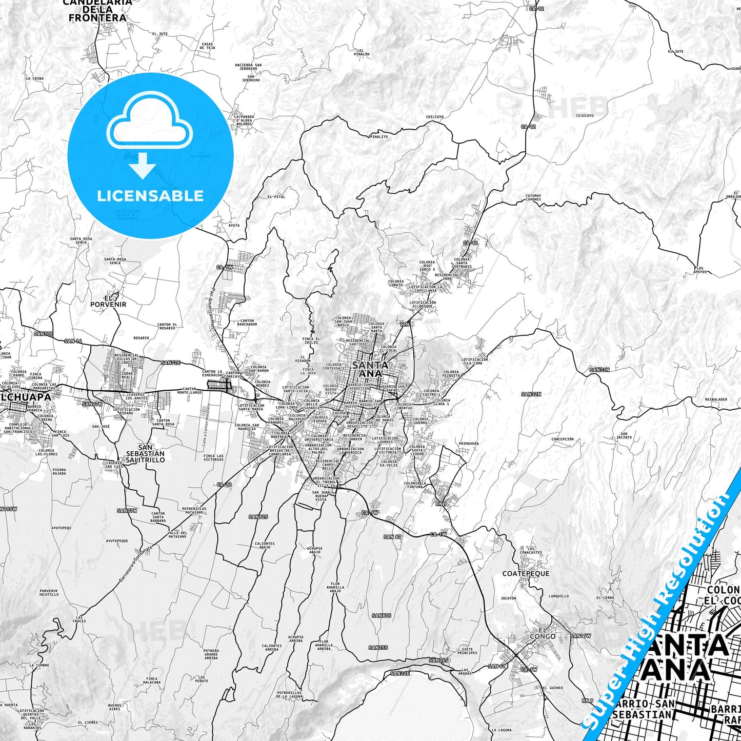 Santa Ana, El Salvador light map with streetnames, citynames and districts