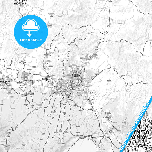 Santa Ana, El Salvador light map with streetnames, citynames and districts