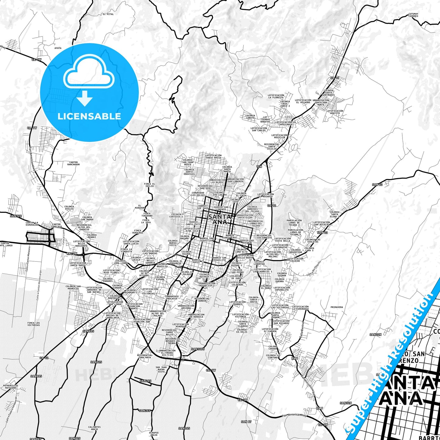 Santa Ana, El Salvador Light Map with Street Names, City Names, and Districts