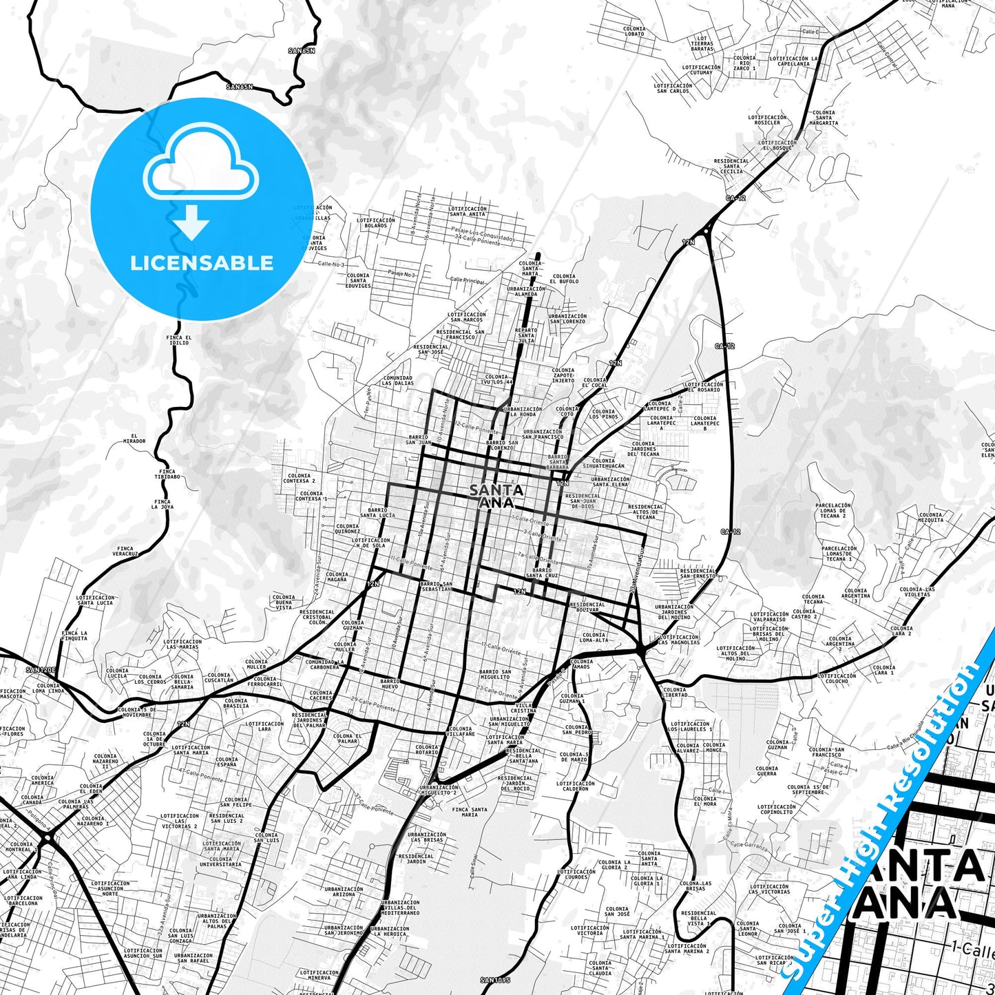 Santa Ana, El Salvador Light Map with Street Names, City Names, and Districts