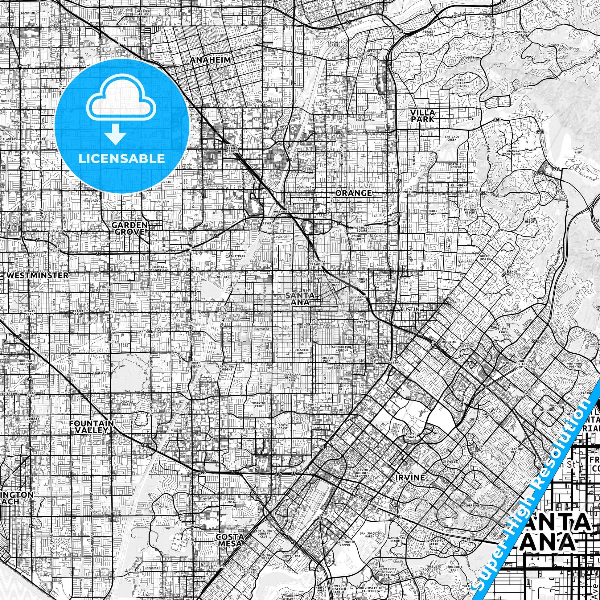 Santa Ana, California light map with streetnames, citynames and districts