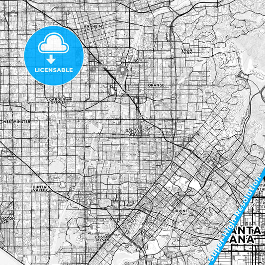 Santa Ana, California light map with streetnames, citynames and districts