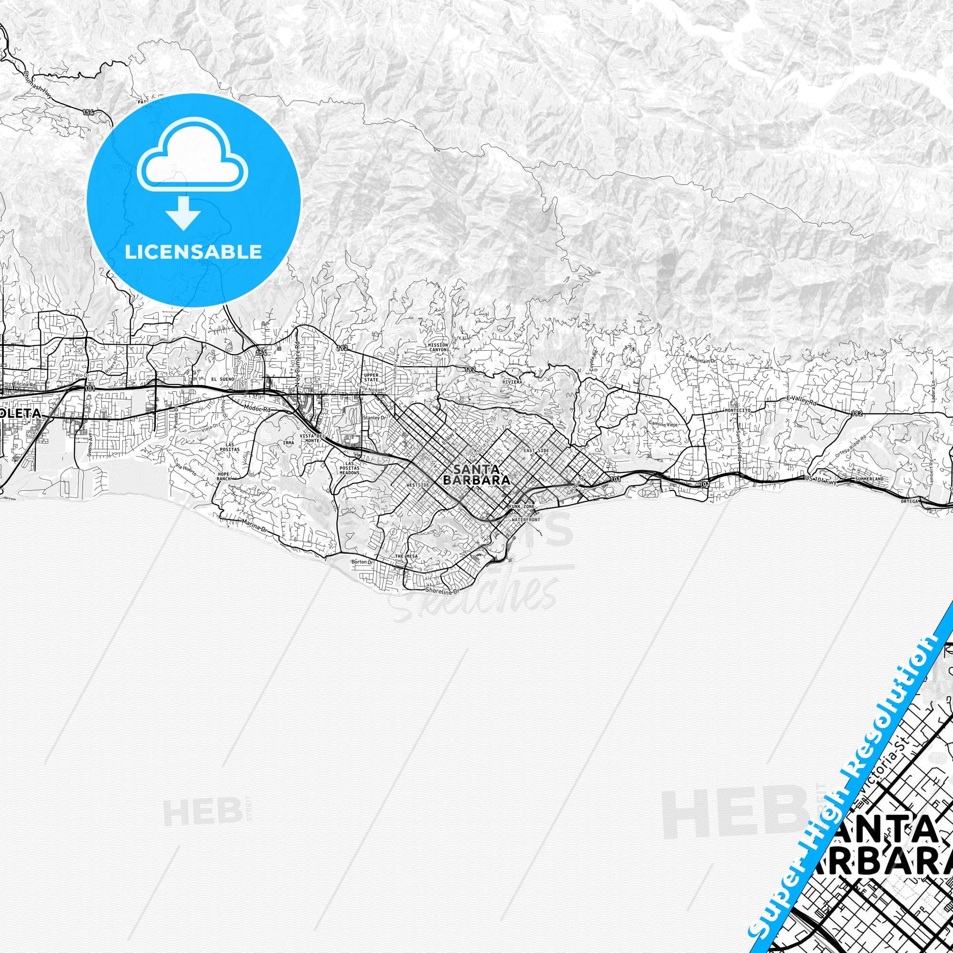 Santa Barbara, California light map with streetnames, citynames and districts