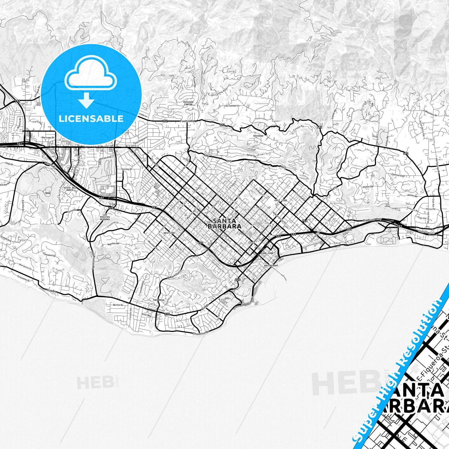Santa Barbara, California Light Map with Street Names, City Names, and Districts