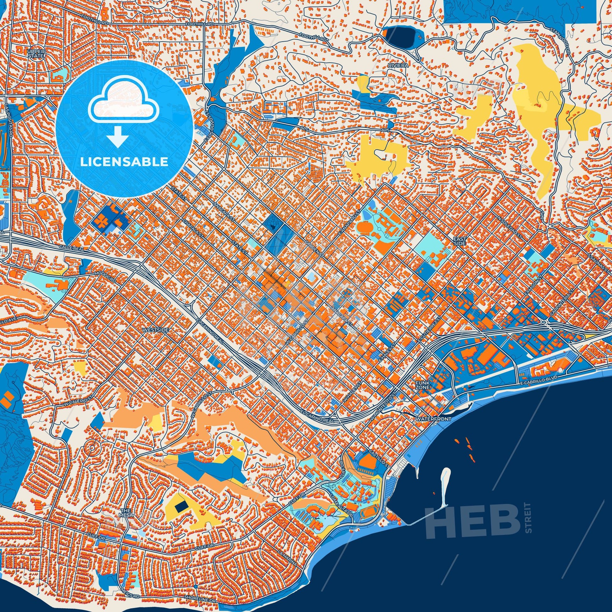 Colorful Santa Barbara Street Map with Labels and Buildings