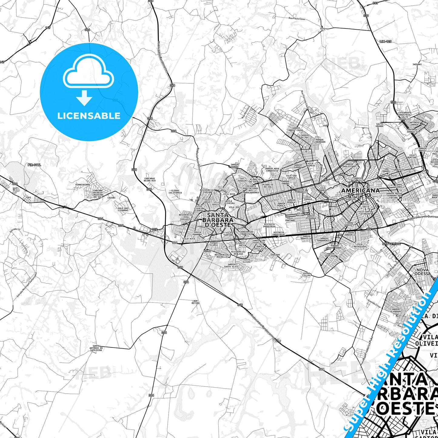 Santa Barbara d Oeste, Brazil light map with streetnames, citynames and districts