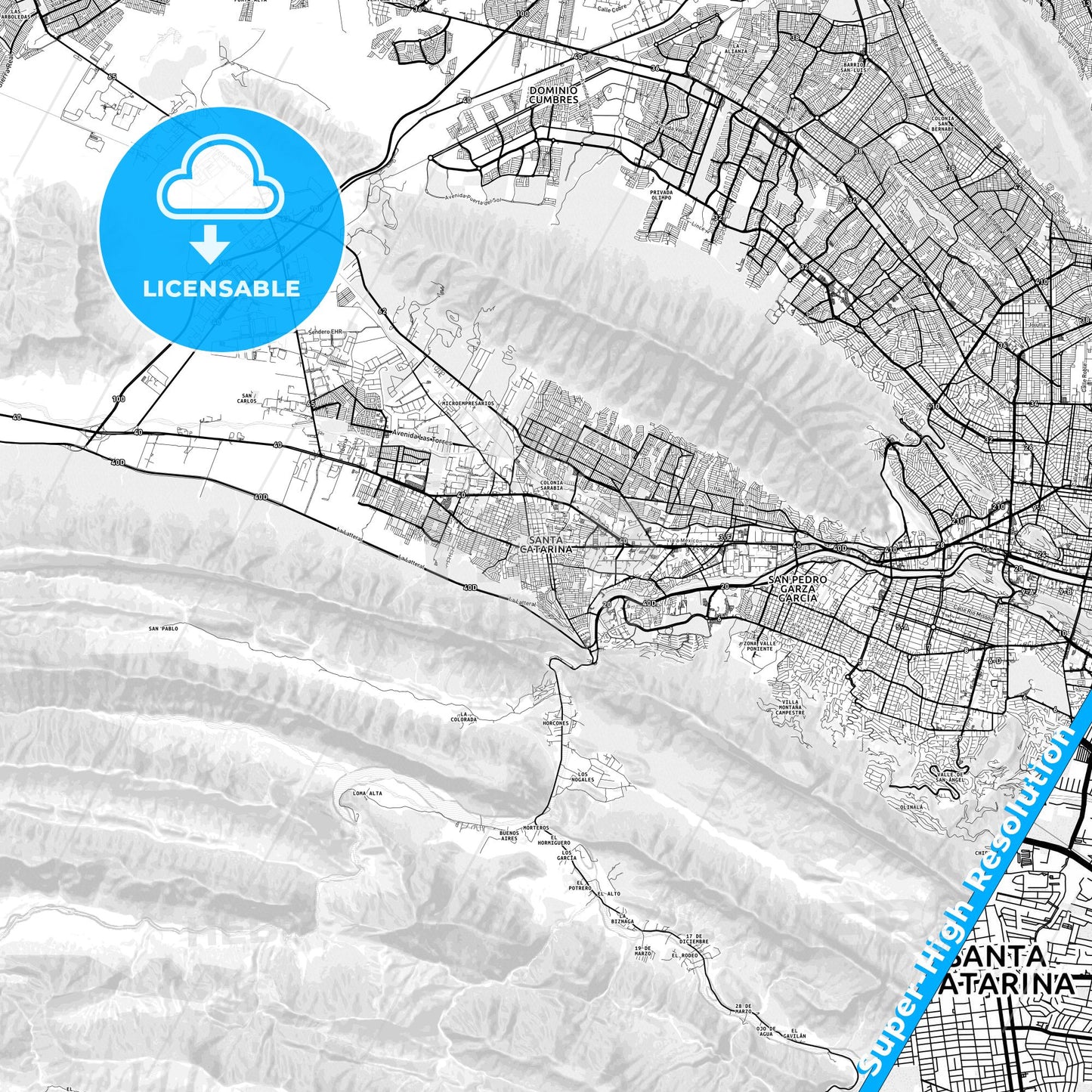 Santa Catarina, Mexico light map with streetnames, citynames and districts